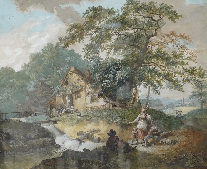 Richard Sass(e) (1774-1849), watercolour, figures by a water mill, 37x46cm. Condition - good